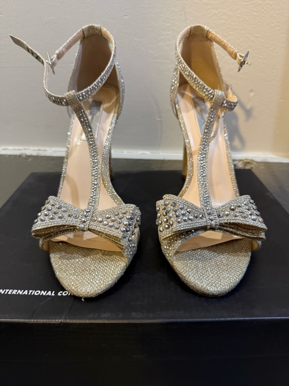INC International Concepts Gold T-Strap Bow Heels with Crystal Studs 8.5